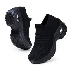 HKR Womens Size 7.5 Black Fabric Arch Support Non Slip Knit Upper Comfort Shoes